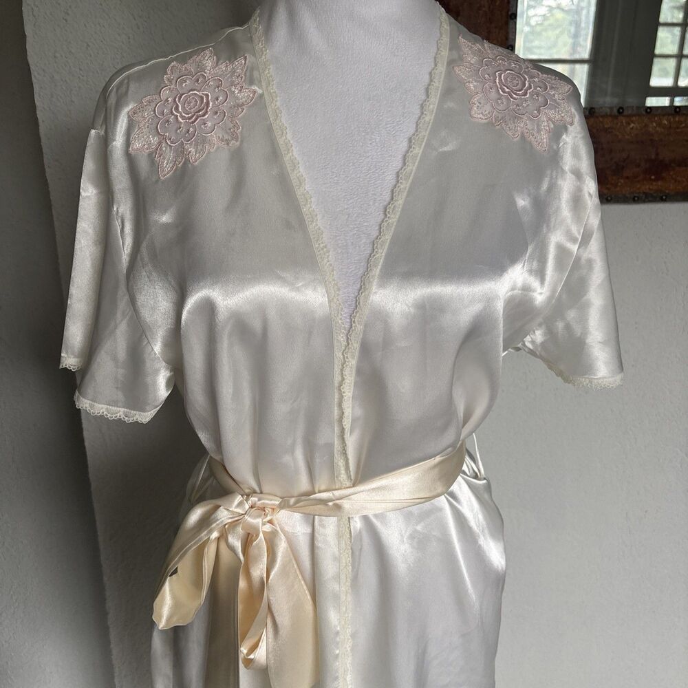 vintage Victoria's Secret Gold Bridal Floral ivory satin short robe Small